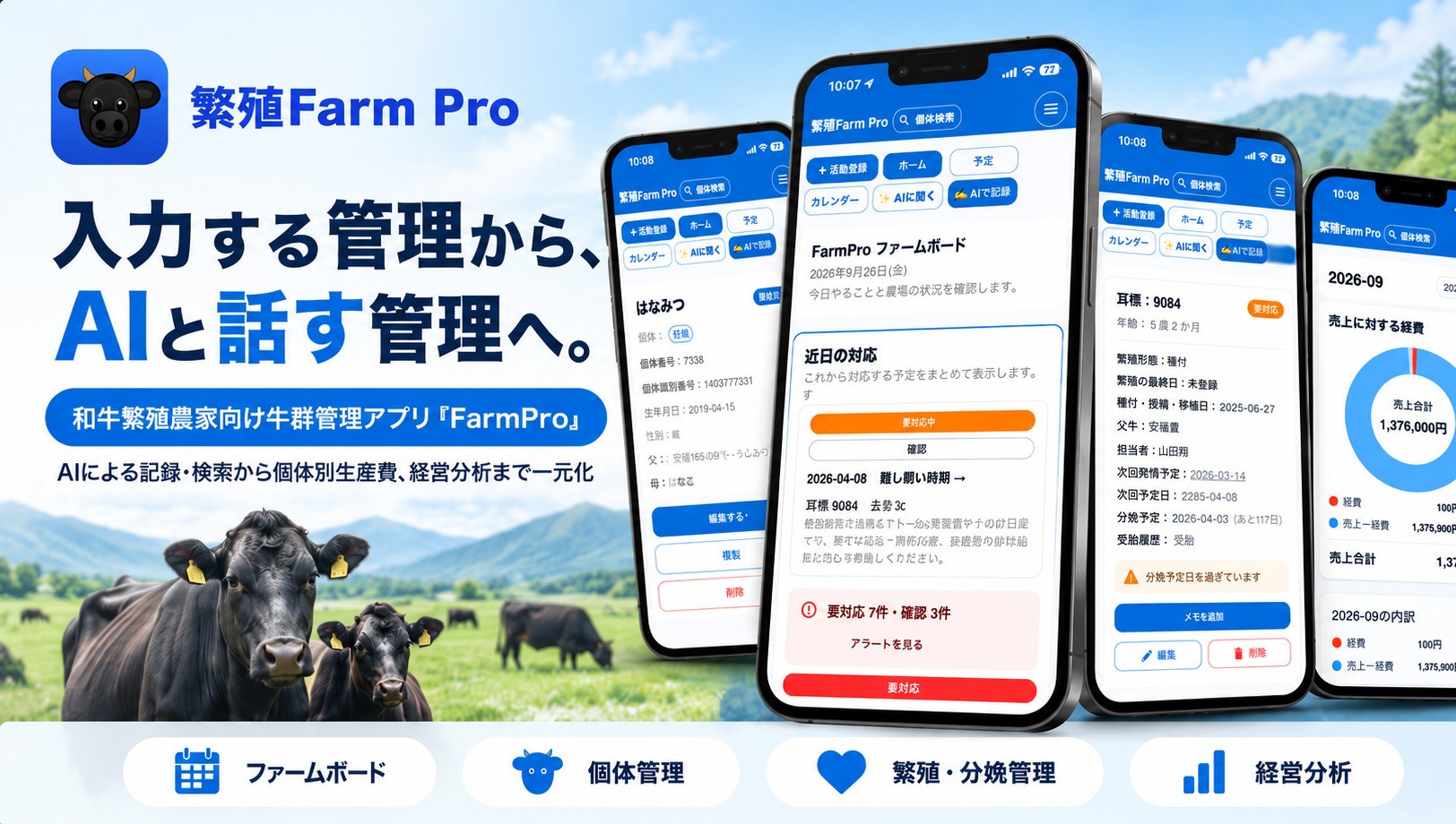 和牛繁殖農家向けFarmPro。牛の個体管理・繁殖管理・経営分析とAI機能のイメージ